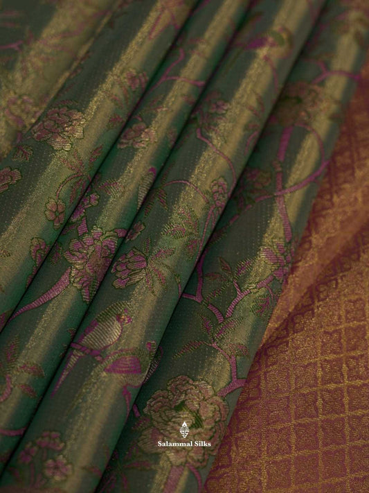 Kanjivaram Green Pink Tissue Pure Silk Saree With Pink Border