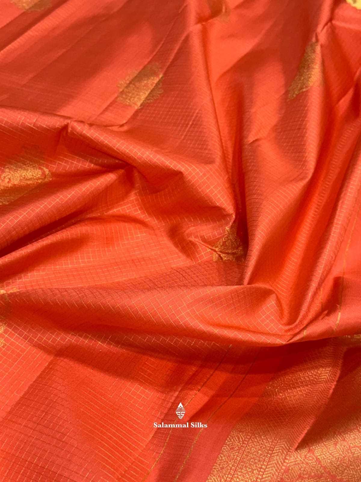 Kanjivaram Peach Orange Checks Pure Silk Saree With Gold Zari Border