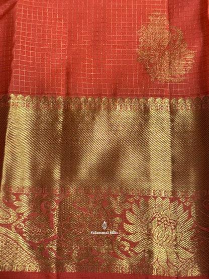 Kanjivaram Peach Orange Checks Pure Silk Saree With Gold Zari Border