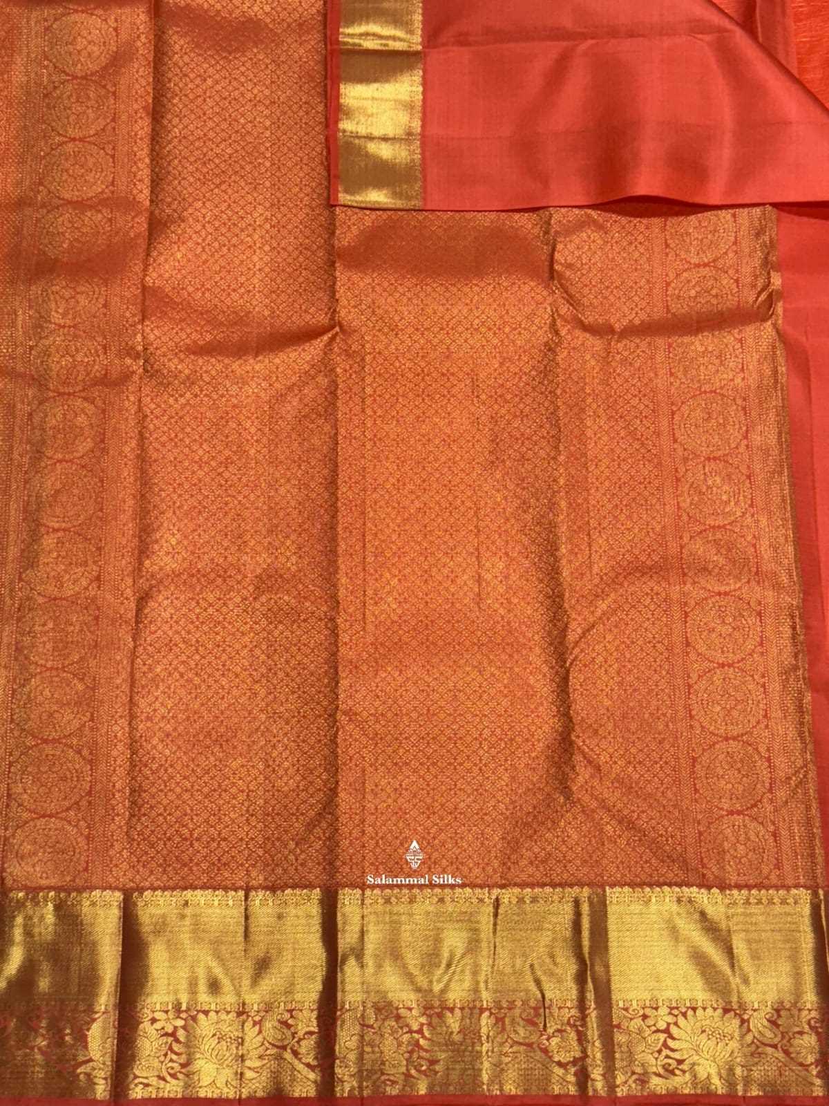 Kanjivaram Peach Orange Checks Pure Silk Saree With Gold Zari Border