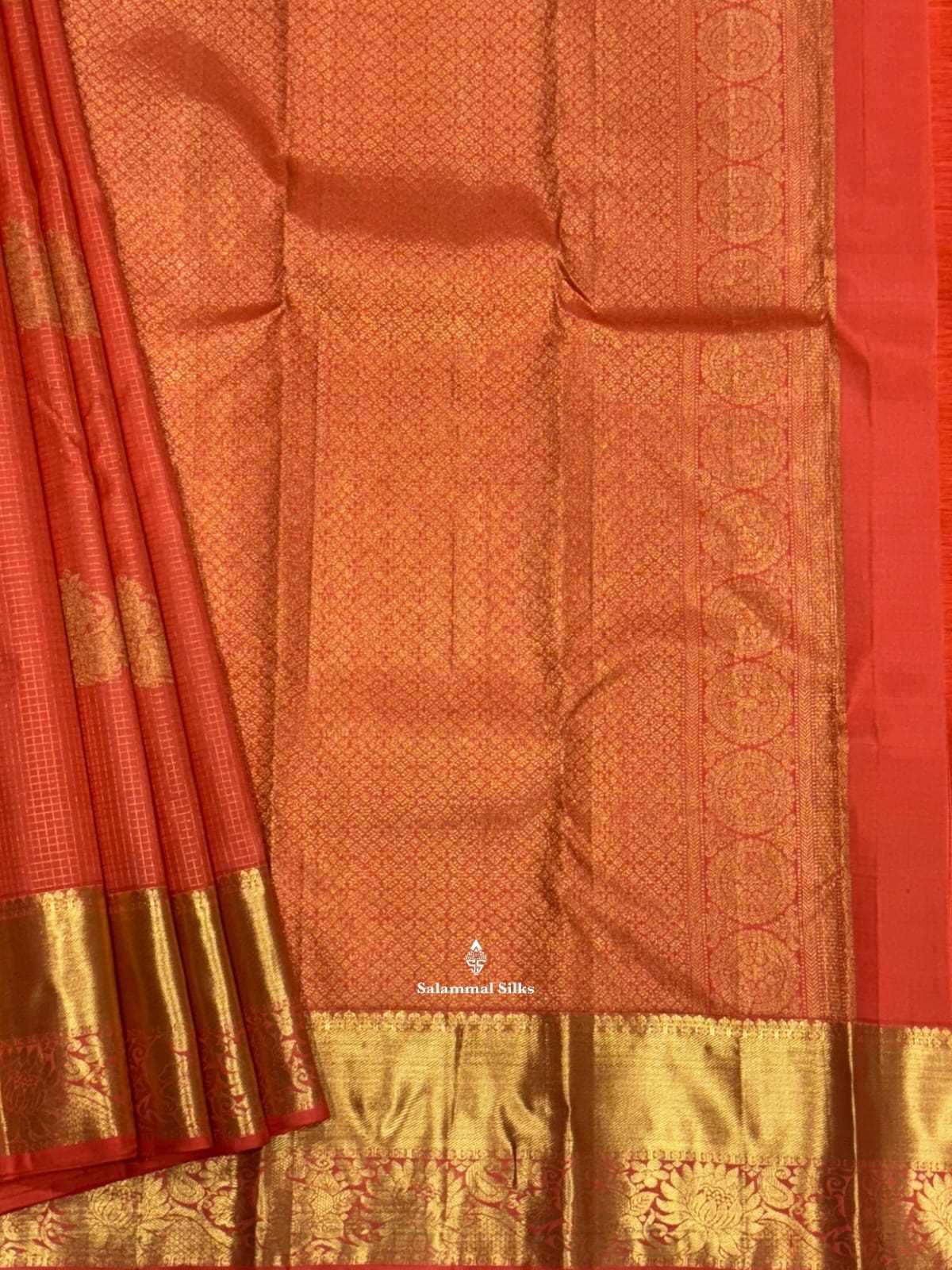 Kanjivaram Peach Orange Checks Pure Silk Saree With Gold Zari Border