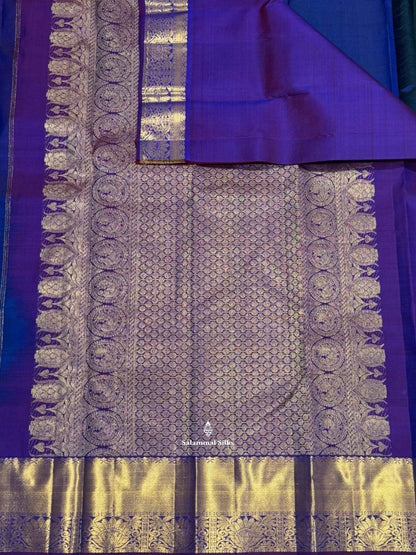 Kanjivaram Peacock Blue Pure Silk Saree With Magenta Border