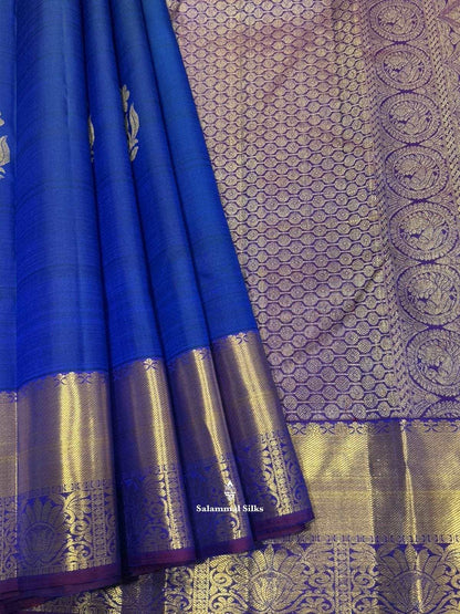 Kanjivaram Peacock Blue Pure Silk Saree With Magenta Border