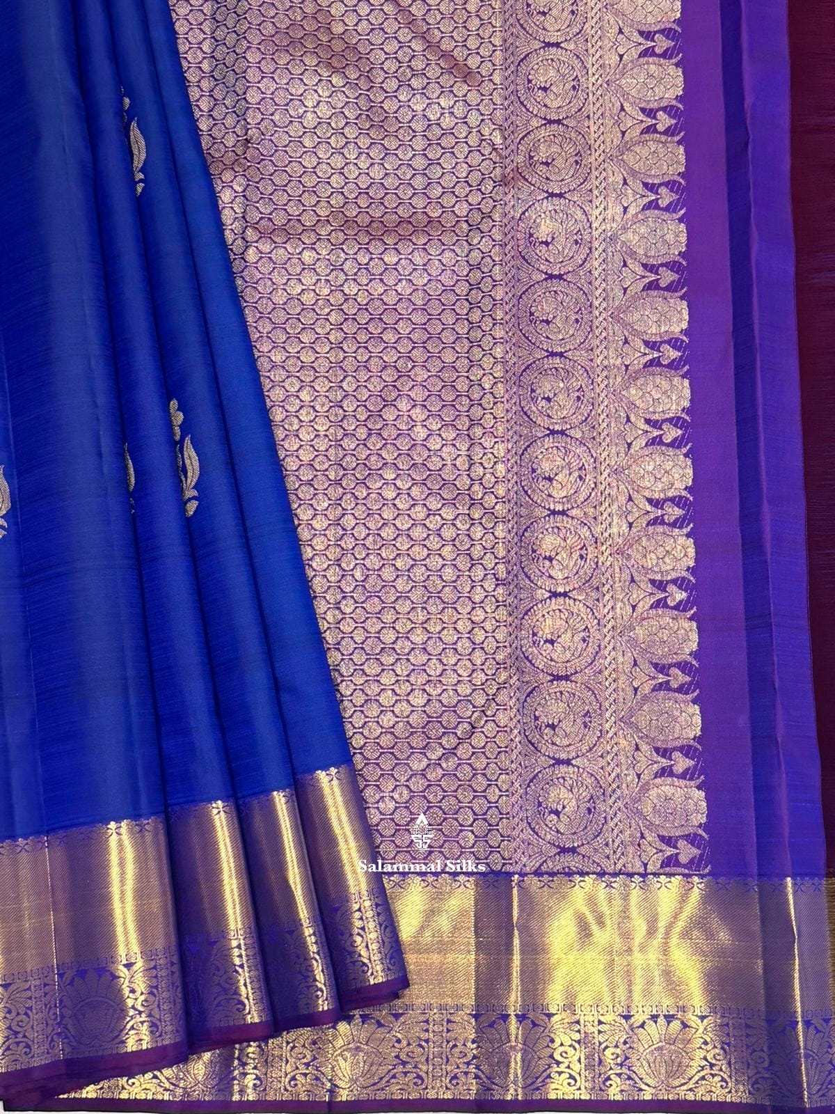 Kanjivaram Peacock Blue Pure Silk Saree With Magenta Border