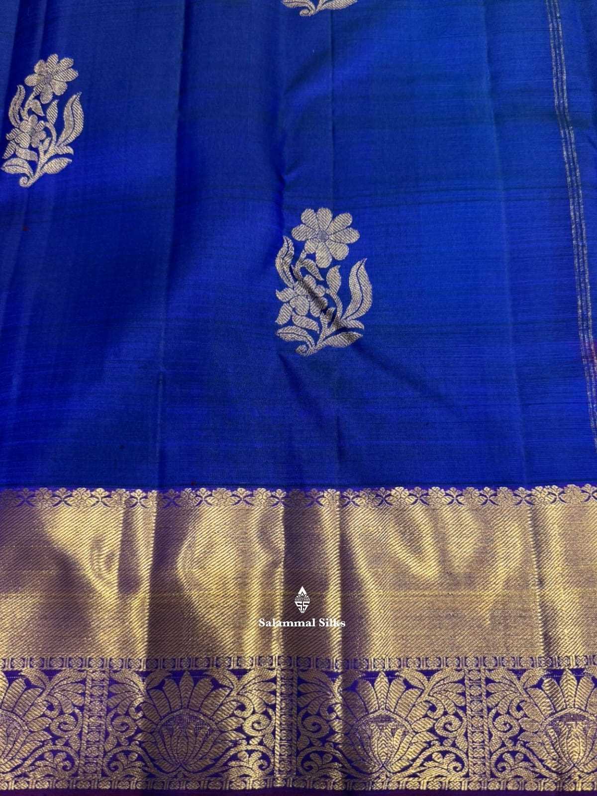 Kanjivaram Peacock Blue Pure Silk Saree With Magenta Border