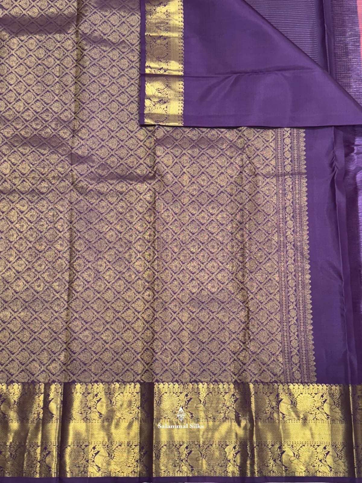 Kanjivaram Pastal Violet Checks Pure Silk Saree With Gold Zari Border