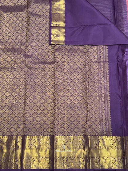 Kanjivaram Pastal Violet Checks Pure Silk Saree With Gold Zari Border