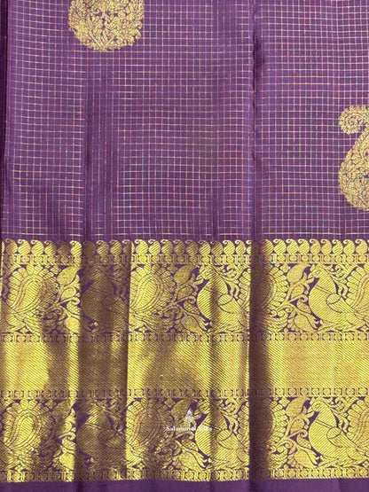 Kanjivaram Pastal Violet Checks Pure Silk Saree With Gold Zari Border