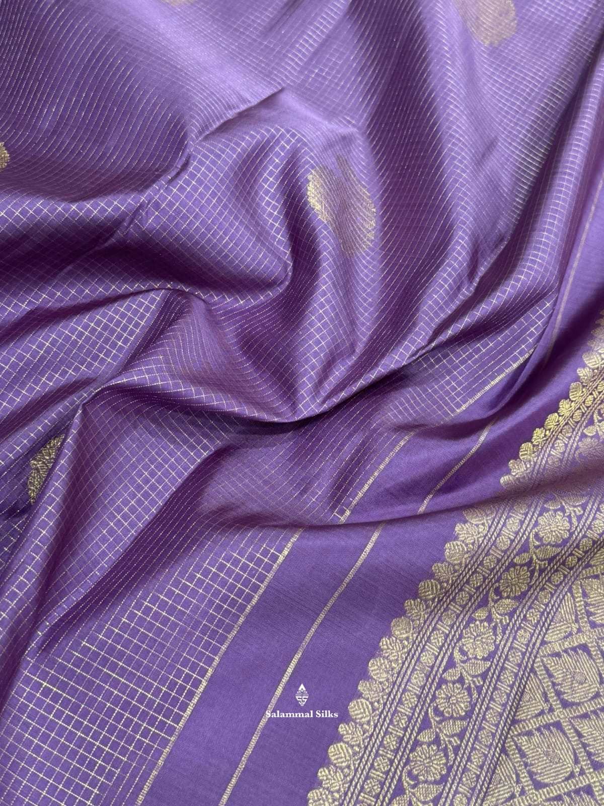 Kanjivaram Pastal Violet Checks Pure Silk Saree With Gold Zari Border