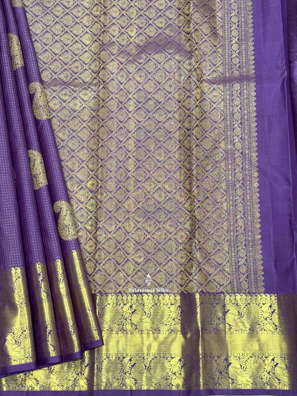 Kanjivaram Pastal Violet Checks Pure Silk Saree With Gold Zari Border