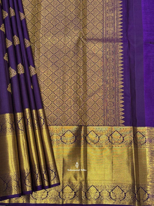 Kanjivaram Dark Violet Pure Silk Saree With Gold Zari Long Border