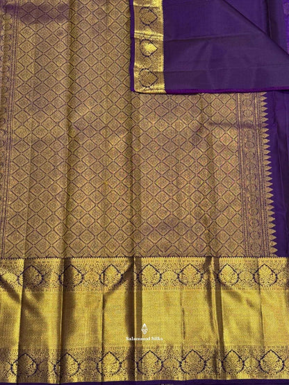 Kanjivaram Dark Violet Pure Silk Saree With Gold Zari Long Border