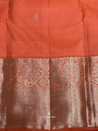 Kanjivaram Peach Pure Silk Saree With Silver Zari Border