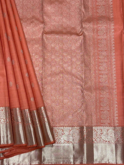 Kanjivaram Peach Pure Silk Saree With Silver Zari Border