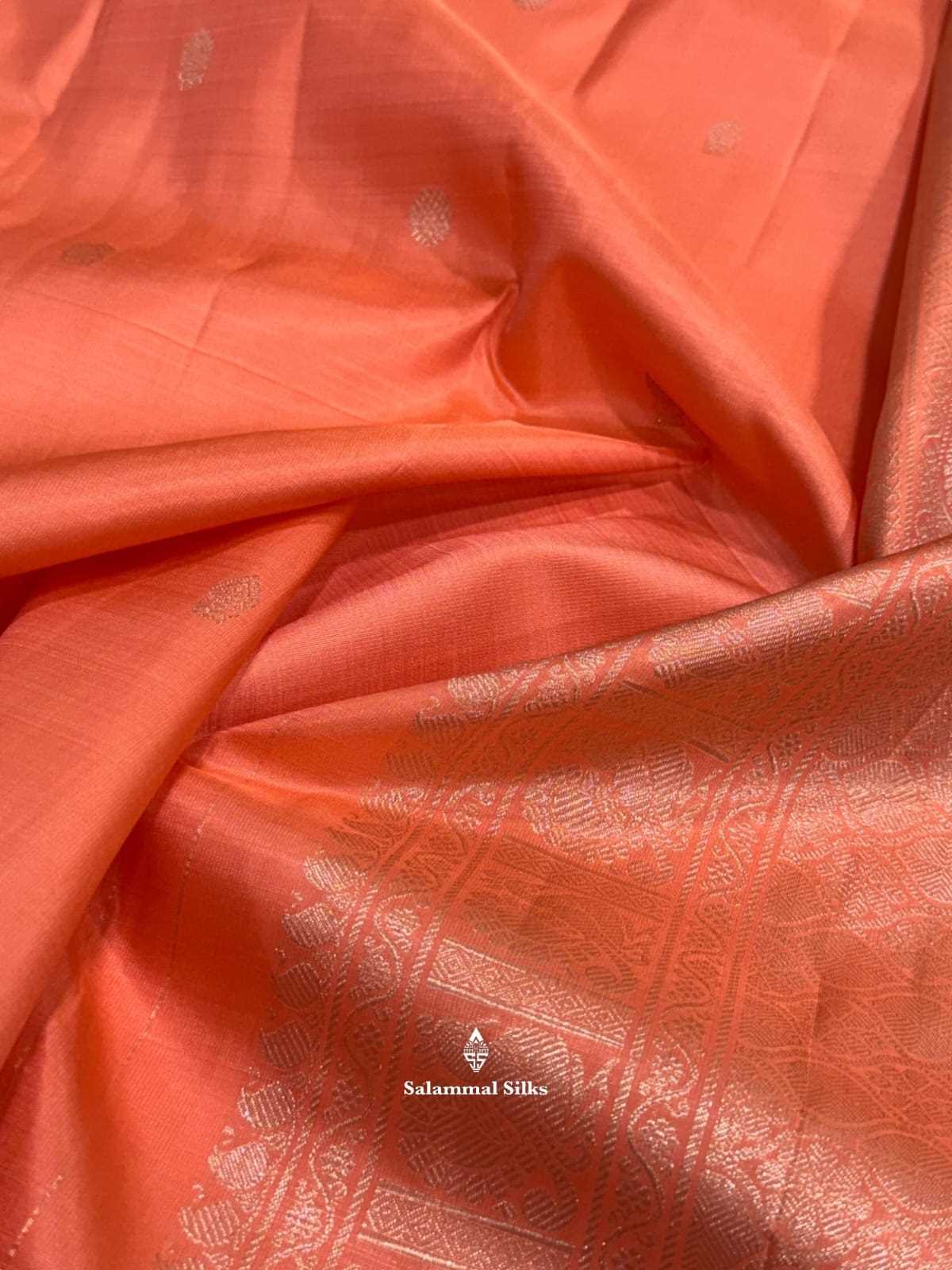 Kanjivaram Peach Pure Silk Saree With Silver Zari Border