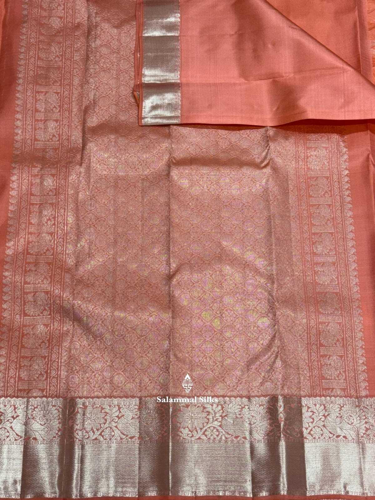 Kanjivaram Peach Pure Silk Saree With Silver Zari Border