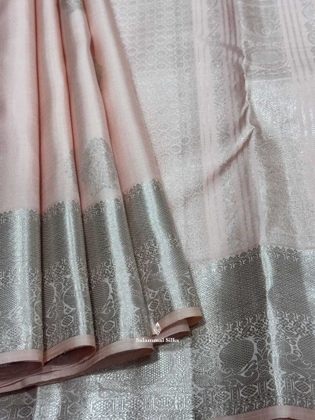 Kanjivaram Light Onion Pink Pure Silk Saree With Silver Zari Border