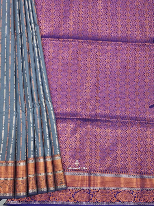 Grey Semi Soft Silk Saree With Copper Border