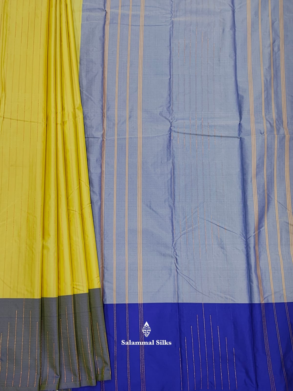 Sandal Yellow Arani Semi Silk Saree With Grey Blue Border