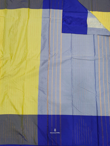 Sandal Yellow Arani Semi Silk Saree With Grey Blue Border