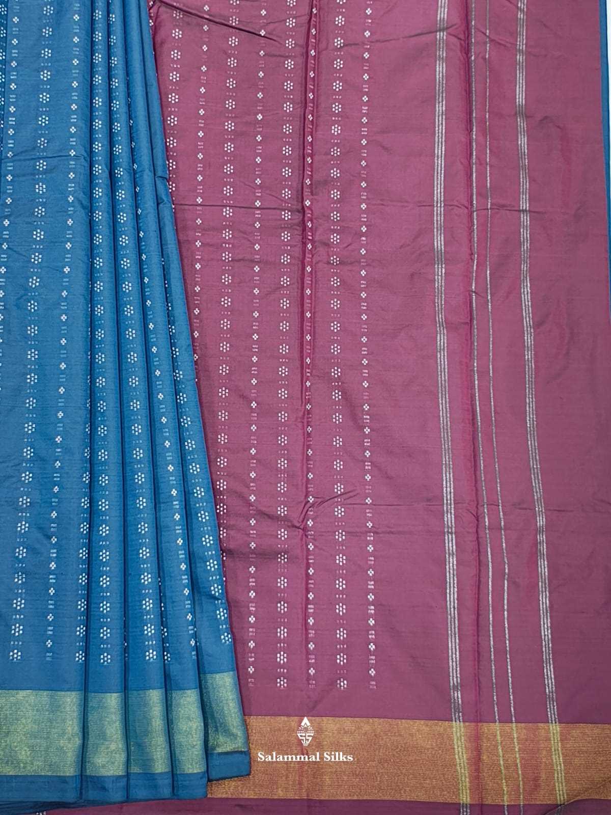 Olive Blue Arani Semi Silk Saree With Maroon Blouse