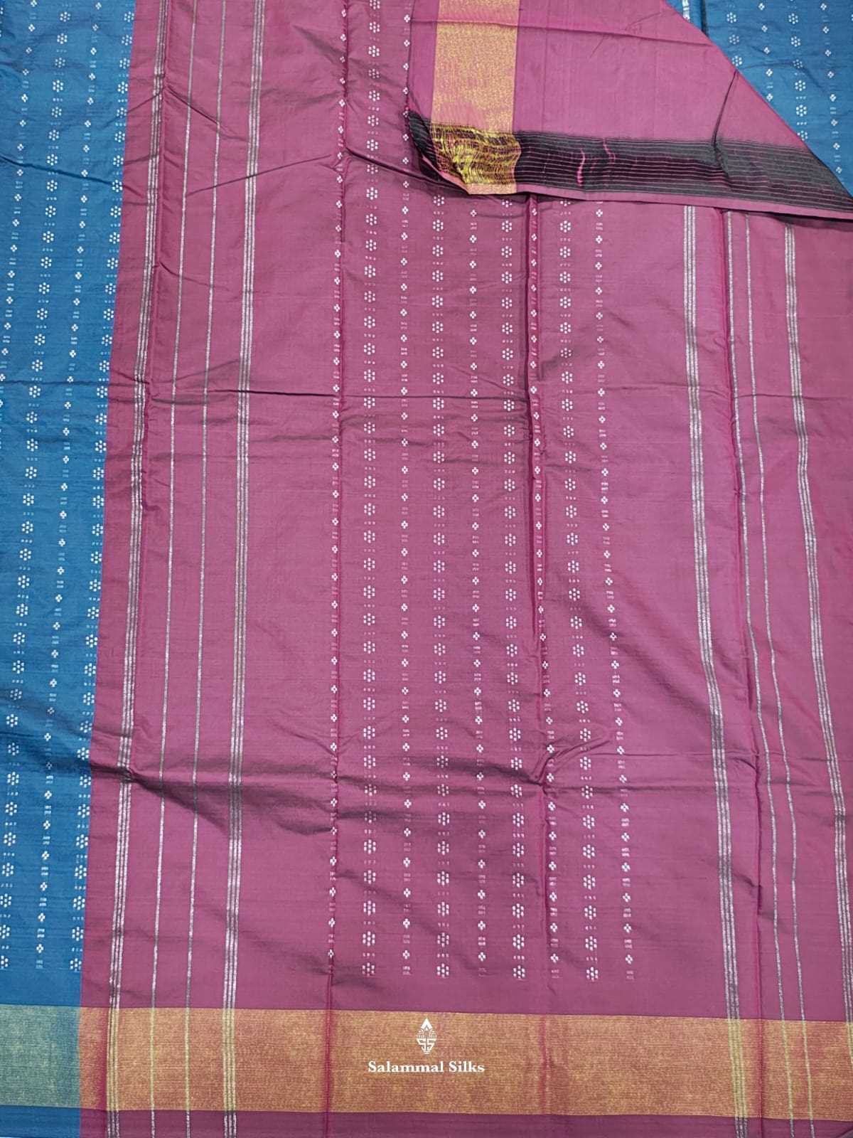 Olive Blue Arani Semi Silk Saree With Maroon Blouse