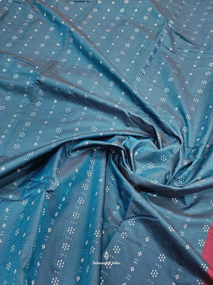 Olive Blue Arani Semi Silk Saree With Maroon Blouse