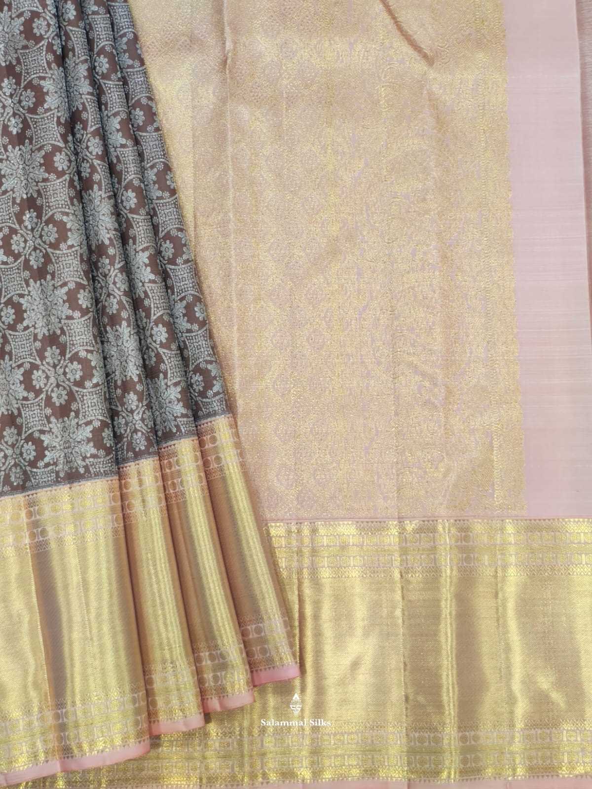 Kanjivaram Light Chocolet Pure Silk Saree With Peach Long Border