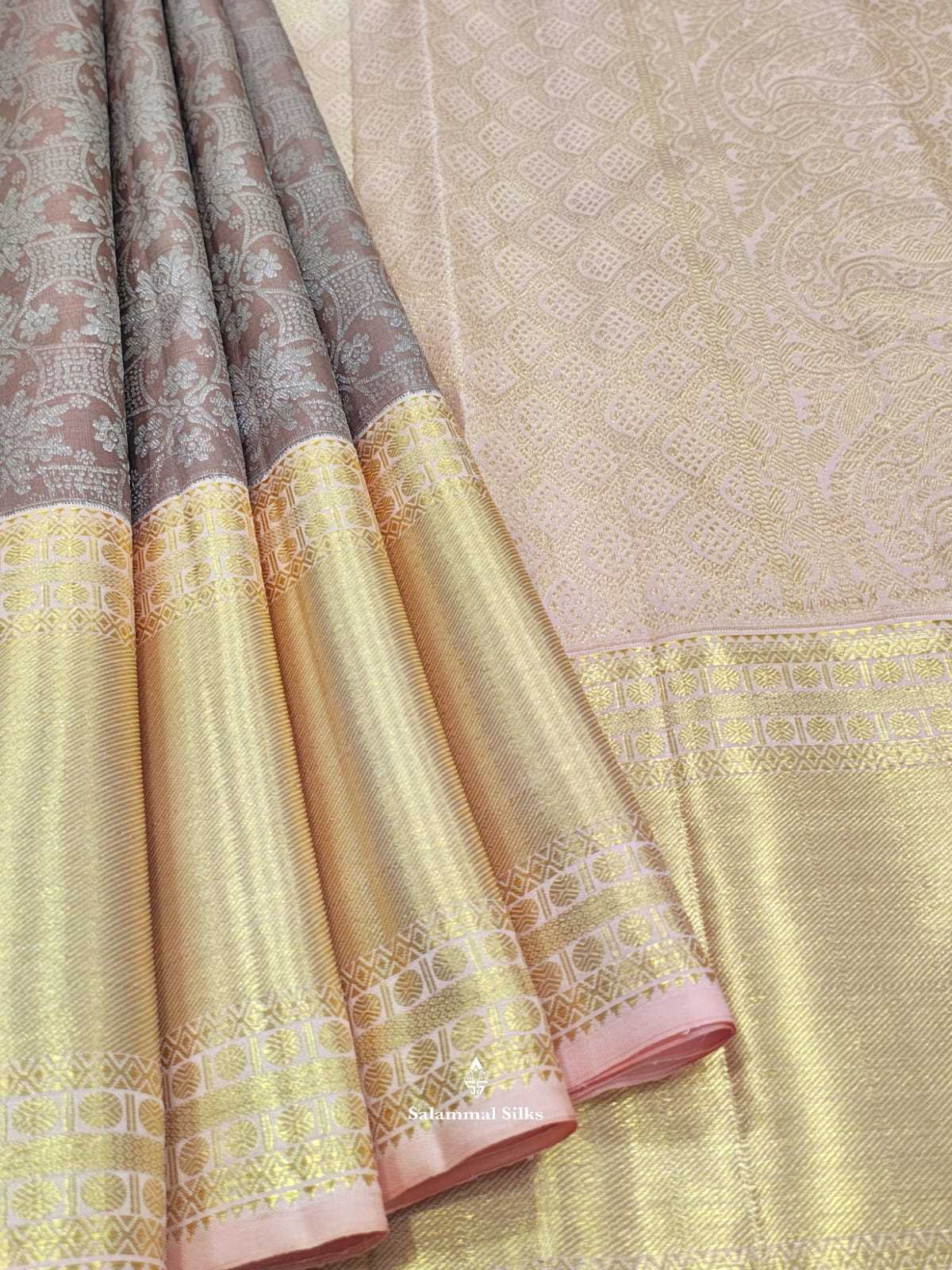 Kanjivaram Light Chocolet Pure Silk Saree With Peach Long Border