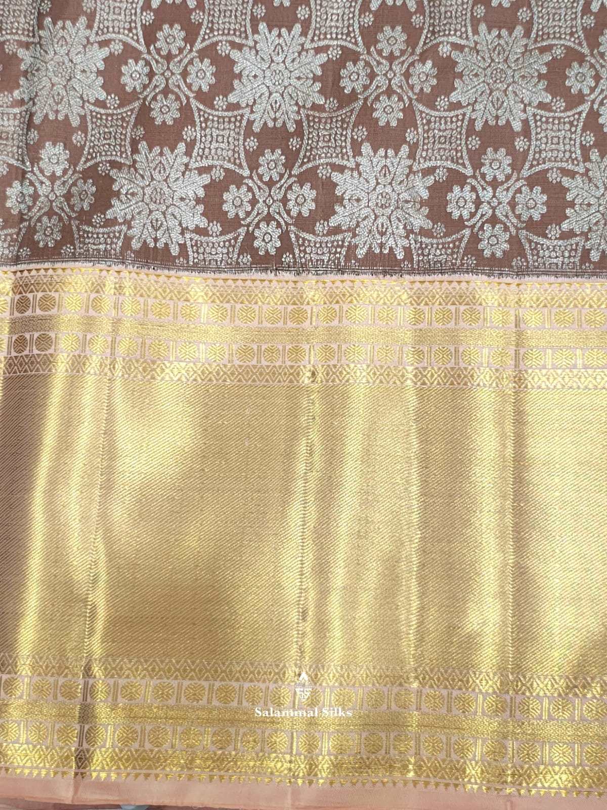 Kanjivaram Light Chocolet Pure Silk Saree With Peach Long Border