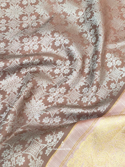 Kanjivaram Light Chocolet Pure Silk Saree With Peach Long Border