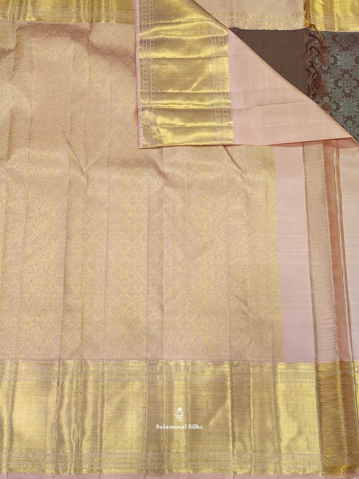 Kanjivaram Light Chocolet Pure Silk Saree With Peach Long Border