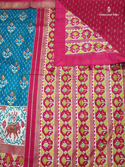 Anandha Blue Ikkat Dola Fancy Saree With Red Border