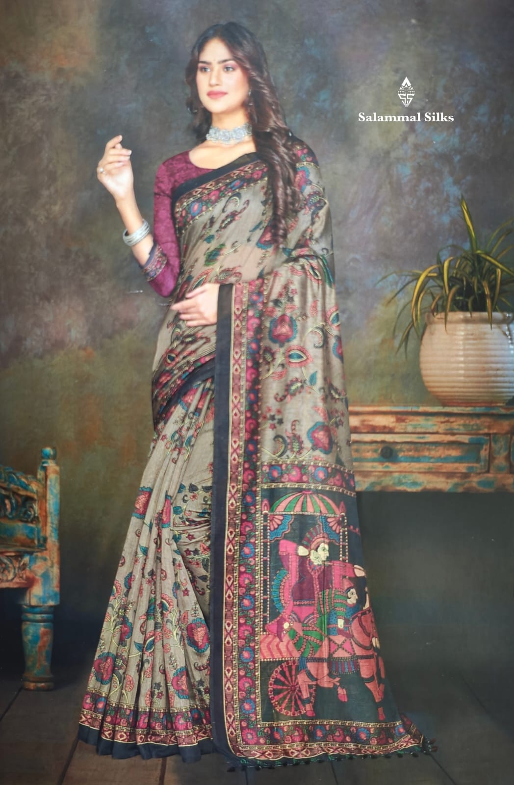 Dark Grey Kalamkari Fancy Saree With Blouse