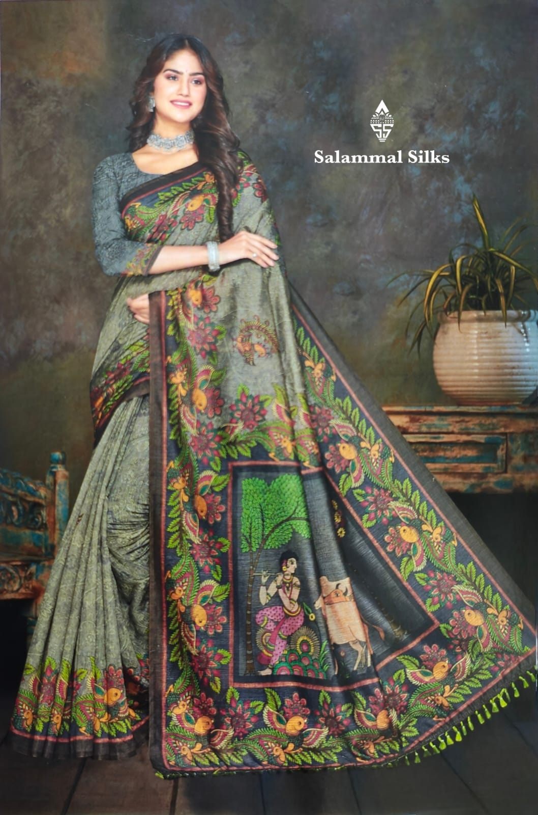 Pista Green Blue Kalamkari Fancy Saree With Blouse