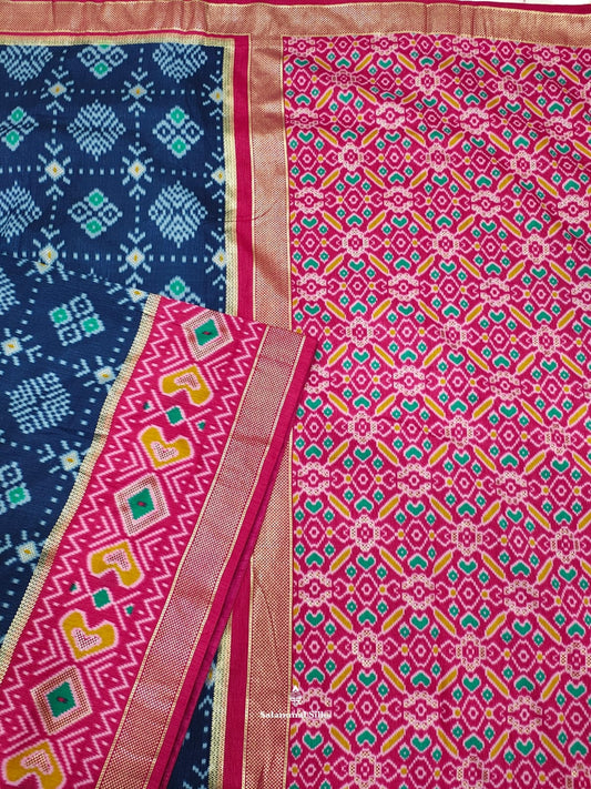 Blue Ikkat Dola Fancy Saree With Pink Border