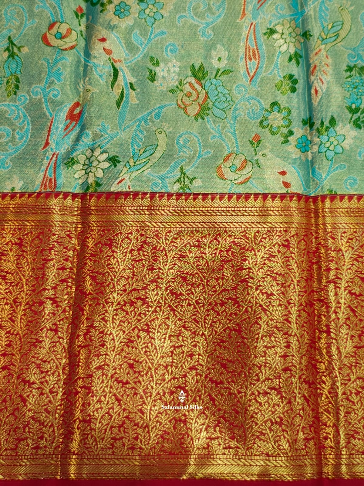 Kanjivaram Ice Blue Tissue Pure Silk Saree With Red Border