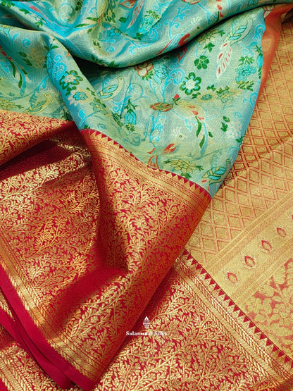 Kanjivaram Ice Blue Tissue Pure Silk Saree With Red Border