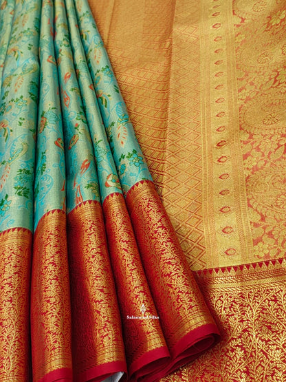 Kanjivaram Ice Blue Tissue Pure Silk Saree With Red Border