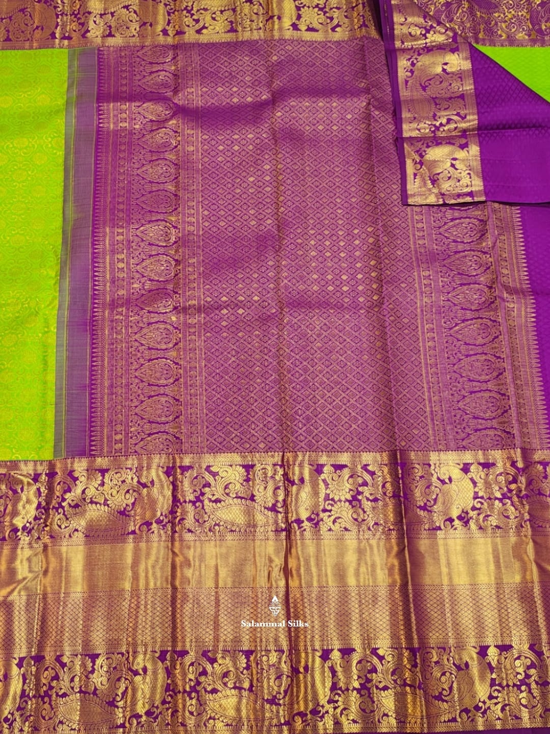 Kanjivaram Parrot Green Pure Silk Saree With Violet Border