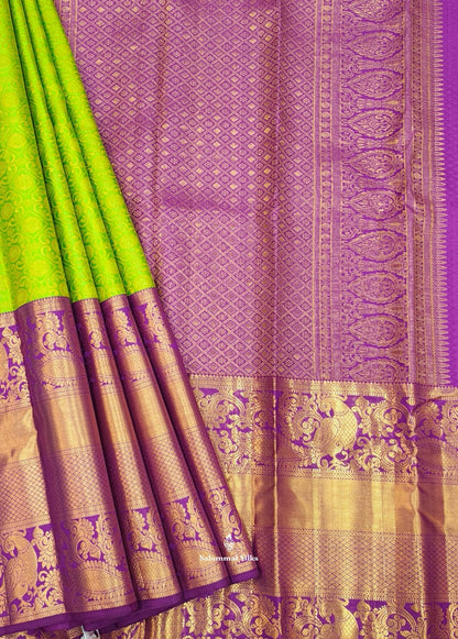 Kanjivaram Parrot Green Pure Silk Saree With Violet Border