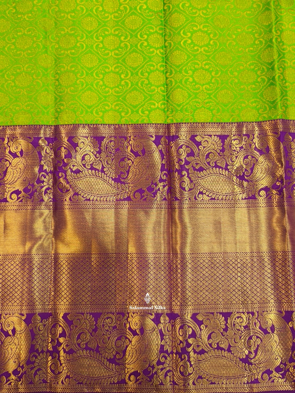 Kanjivaram Parrot Green Pure Silk Saree With Violet Border