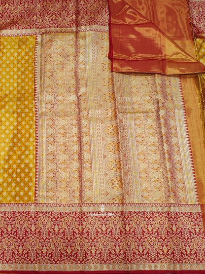 Kanjivaram Yellow Tissue Pure Silk Saree With Red Border