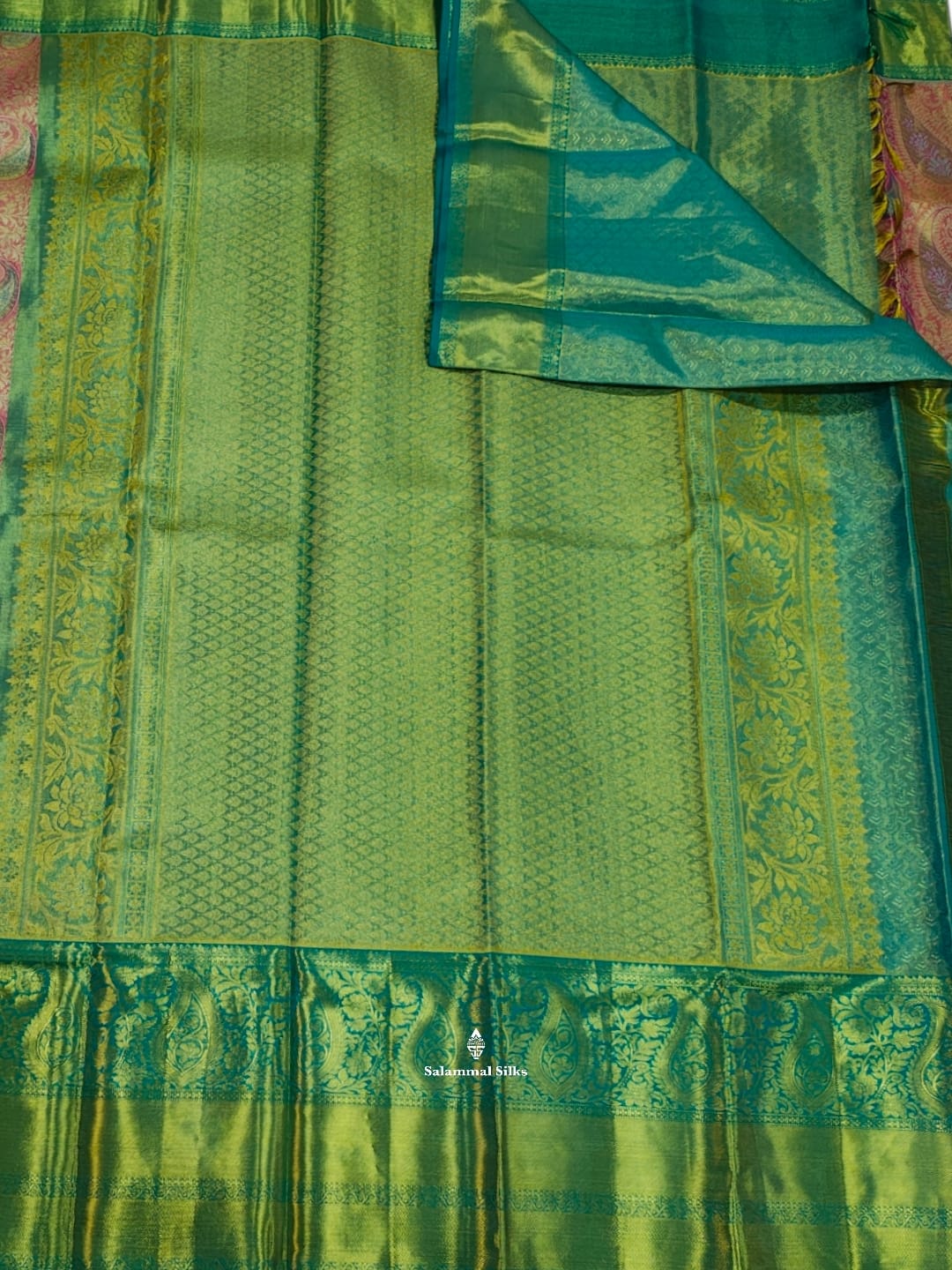 Kanjivaram Baby Pink Tissue Pure Silk Saree With Sapphire Green Border