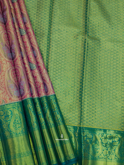 Kanjivaram Baby Pink Tissue Pure Silk Saree With Sapphire Green Border