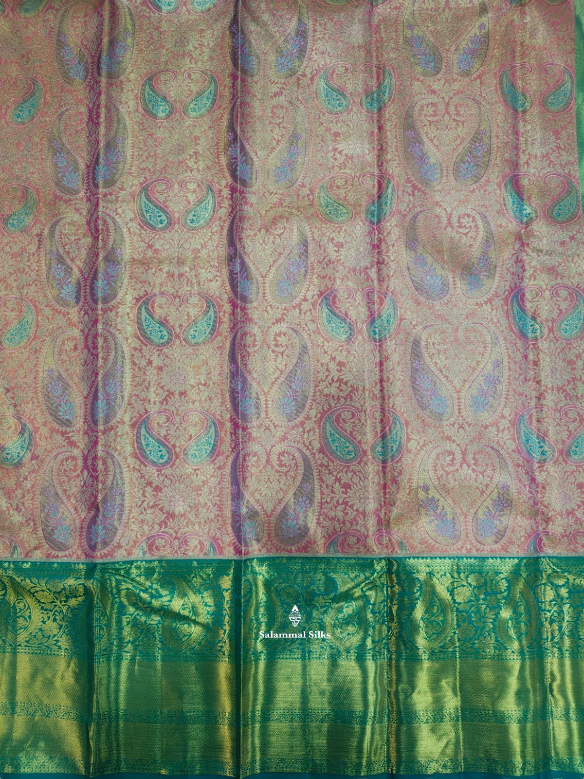 Kanjivaram Baby Pink Tissue Pure Silk Saree With Sapphire Green Border