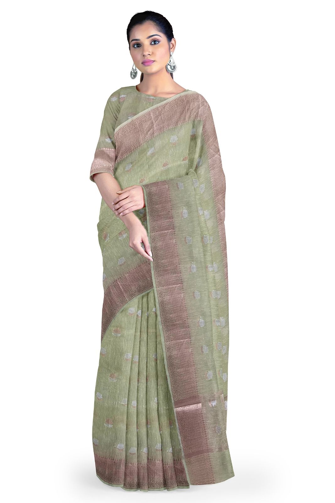 Elaichi Green Fancy Saree With Copper Border