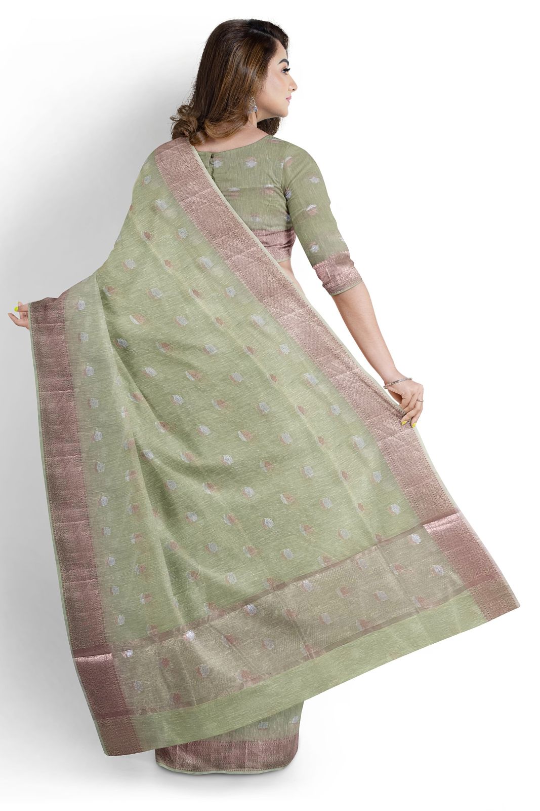 Elaichi Green Fancy Saree With Copper Border