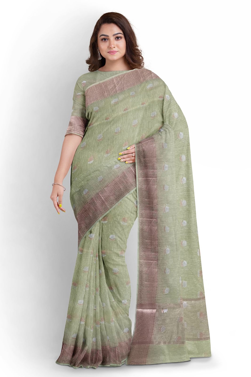 Elaichi Green Fancy Saree With Copper Border