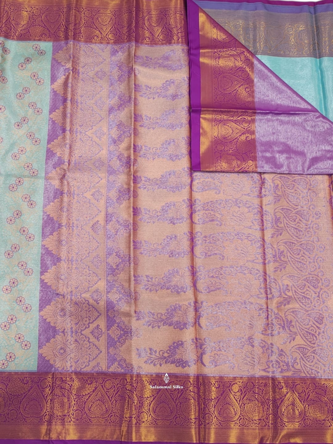 Ice Blue Tissue Bridal Semi Silk Saree With Violet Border